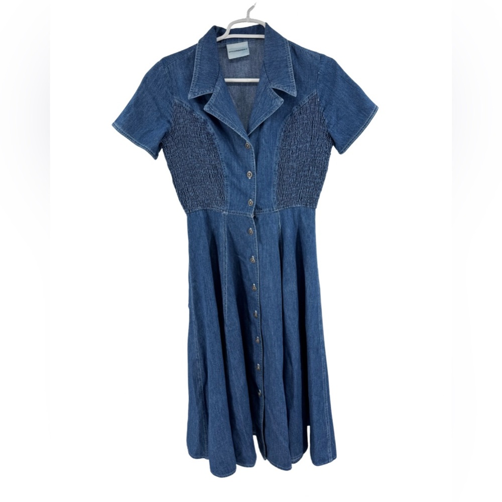 Dennis Goldsmith midi button front fit and flare denim ruched waist dress 4